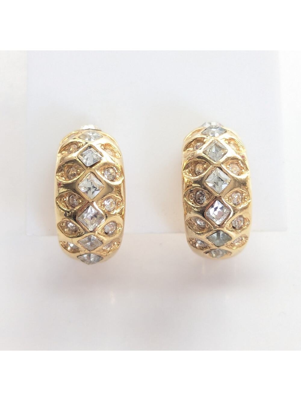 Vintage 80s Mob Wife Gold Tone Chic Glass Rhinestone Hoop Style Clip On Earrings